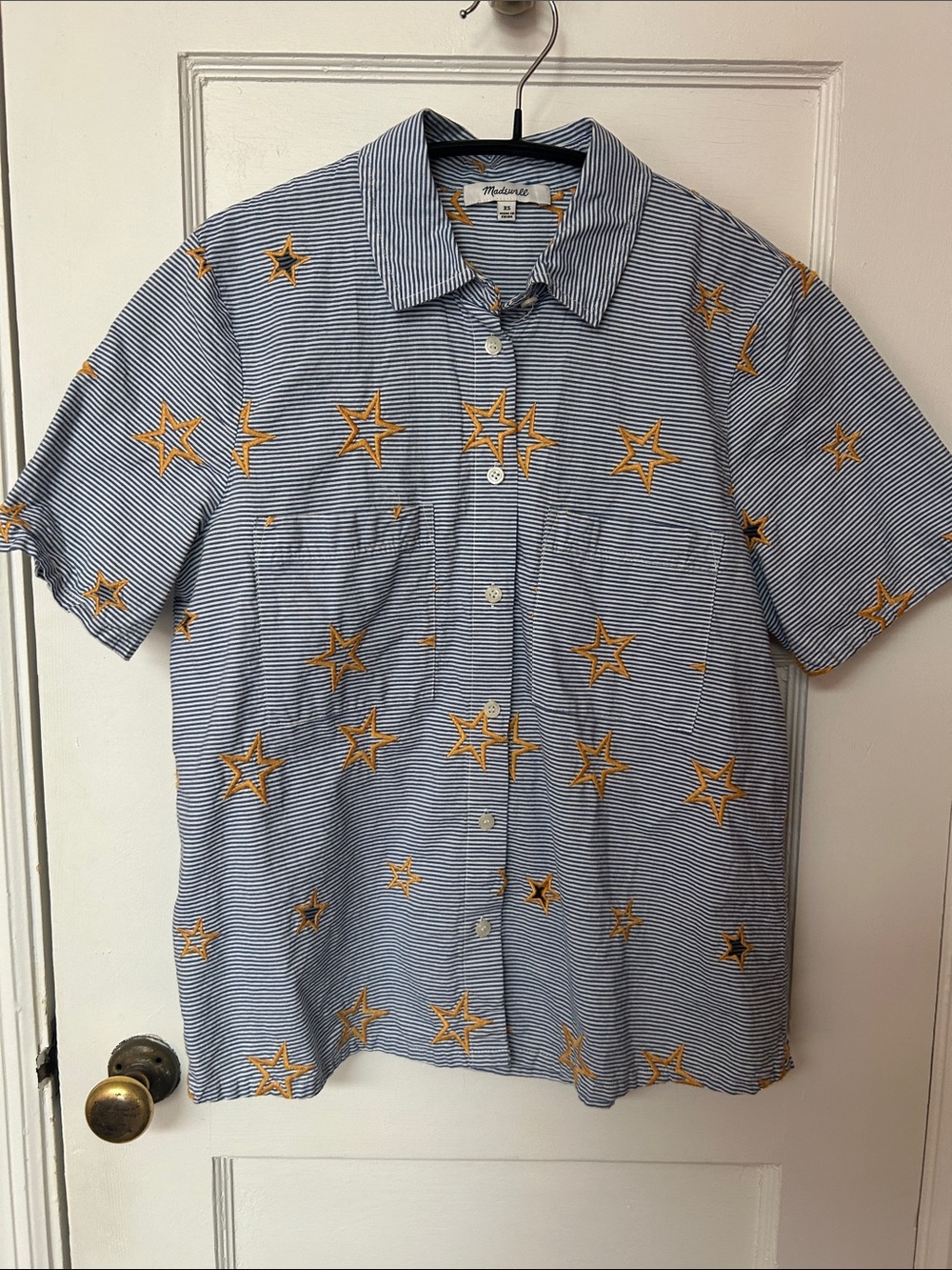Madewell Blue and White Striped Short-Sleeve Shirt with Yellow Star Embroidery
